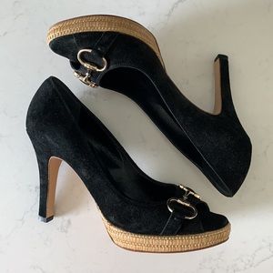 Black suede “GG horsebit” Gucci open toe pumps.
